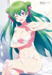  1girl absurdres armpits bai_mongfa bangs bath breasts cleavage double_bun green_hair hair_bun highres large_breasts long_hair looking_at_viewer megami_magazine navel open_mouth purple_eyes renai_flops ribbon sitting thighhighs 