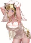  1girl absurdres armpits arms_behind_head arms_up bangs blonde_hair breasts breath chanpower233 cleavage commentary_request covering cowboy_shot drying drying_hair highres holding holding_towel hololive horns large_breasts leaning_forward long_hair looking_at_viewer naked_towel nude_cover parted_lips purple_eyes sheep_girl sheep_horns sidelocks simple_background solo thighs towel tsunomaki_watame virtual_youtuber wet white_background white_towel 