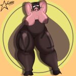  absurd_res anthro big_breasts big_butt breasts butt chubby_female clothing cosmosarts female fupa genitals hi_res legwear mammal mask number_print overweight pantyhose piggybank_(gnerd) plump_labia pussy sagging_breasts solo suina thick_thighs wide_hips 