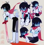  1other anger_vein angry armor armored_boots black_bodysuit black_hair blue_skin bodysuit boots cape clenched_hands closed_mouth colored_skin commentary crossed_arms deltarune full_body gloves grey_background hair_between_eyes hand_on_hip highres knee_boots kris_(deltarune) leaning_forward multiple_views open_mouth red_cape red_eyes senjochi_janai shaded_face signature simple_background standing sword symbol-only_commentary tapping_foot twitter_username weapon white_footwear white_gloves 