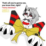  2022 3_toes anthro bedroom_eyes black_nose bow_ribbon breasts canid canid_demon cheek_tuft christmas claws clothing collar demon digital_drawing_(artwork) digital_media_(artwork) digital_painting_(artwork) english_text eyebrow_through_hair eyebrows eyelashes facial_tuft feet female fur gift gift_wrapped grey_body grey_fur grey_hair hair half-closed_eyes hellhound helluva_boss holidays inner_ear_fluff leg_markings legwear long_hair looking_at_viewer loona_(helluva_boss) makeup mammal markings multicolored_body multicolored_fur narrowed_eyes open_mouth paws pinup pose prick_ears raised_eyebrow red_clothing red_eyes red_topwear seductive sexy_eyes shaded shadow signature simple_background simple_coloring simple_eyes simple_shading sitting snout socks_(marking) solo spread_legs spreading stockings sweet.lemons teasing text thigh_highs toes topwear translucent translucent_hair tuft unimpressed white_background white_body white_fur 