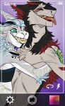  2018 anthro black_body black_fur blue_hair blue_sclera chest_tuft claws dated duo ear_piercing ear_ring embrace eyes_closed fangs female finger_claws fur glistening glistening_eyes green_claws green_eyes grey_body grey_fur grin hair happy hi_res hug male piercing pupils red_tongue ring_piercing riorix sergal signature simple_background slit_pupils smile species_request teeth tongue tongue_out tuft white_body white_fur 