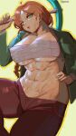  1girl abs absurdres alex_(minecraft) breasts green_eyes hand_on_hip highres large_breasts long_braid long_hair looking_at_viewer minecraft muscular muscular_female open_clothes open_shirt pickaxe red_hair sadak0 sarashi solo sweat 