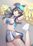  1girl animal_ears black_hair blue_archive blue_eyes breasts cheerleader dog_ears goggles halo hibiki_(blue_archive) hibiki_(cheerleader)_(blue_archive) navel official_alternate_costume okayusonmu pom_pom_(cheerleading) pom_pom_(clothes) skirt solo thighs 