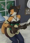  absurd_res anthro bed black_nose blue_bottomwear blue_clothing blue_eyes blue_pants bottomwear bracelet breasts brown_hair canid canine cleavage clothed clothing colored day dipstick_tail female fox fully_clothed fur furniture green_clothing green_topwear guitar hair hi_res inside jewelry mammal markings musical_instrument on_bed orange_body orange_fur pants pendant plant playing_guitar playing_music plucked_string_instrument portrait sealer4258 short_hair sitting small_breasts solo string_instrument tail_markings three-quarter_portrait topwear tree white_body white_fur window 