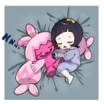  1girl 1other closed_eyes drooling highres lying on_back on_bed on_side open_mouth pajamas pokemon pokemon_(creature) pokemon_(game) pokemon_sv poppy_(pokemon) sleeping tinkaton user_jzjh2525 