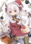  1girl animal_ears bell black_pantyhose blush cake cat_ears cat_girl christmas cowboy_shot detached_sleeves dress extra_ears food goma_(u_p) grey_hair hat highres long_sleeves looking_at_viewer original pantyhose pointy_ears pom_pom_(clothes) red_dress red_eyes red_sleeves santa_hat simple_background smile solo white_background yule_log 