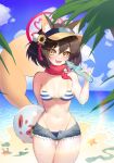  1girl :d absurdres animal_ears ass_visible_through_thighs ball bandana beachball bikini blue_archive blue_bikini breasts brown_hair chung1000 day fang fox_ears fox_shadow_puppet fox_tail hair_between_eyes highres holding izuna_(blue_archive) izuna_(swimsuit)_(blue_archive) looking_at_viewer medium_breasts medium_hair ocean outdoors ramune skin_fang smile solo standing striped striped_bikini swimsuit tail thigh_gap visor_cap yellow_eyes 