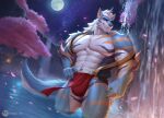  anthro asian_clothing blue_body blue_fur bulge canid canine cherry_blossom cherry_blossom_tree cherry_tree claws clothing countershade_face countershade_fur countershade_torso countershading east_asian_clothing fruit_tree full_moon fundoshi fur hi_res horn japanese_clothing male mammal moon muscular muscular_anthro muscular_male night partially_submerged pecs plant red_clothing red_fundoshi red_underwear sanyu_lim solo tree underwear water waterfall 