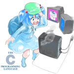  1girl backpack bag blue_eyes blue_hair blue_screen_of_death bonzibuddy boots c_(programming_language) computer crt hair_bobbles hair_ornament hat highres kawashiro_nitori key monitor open_mouth profitshame rubber_boots smoke solo surprised touhou two_side_up 
