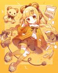  1girl animal_ears animal_shoes bear bear_ears bear_girl black_bow black_shorts black_thighhighs blonde_hair bow cardigan food hair_bow hair_ornament hairclip hand_up headphones highres implied_extra_ears looking_at_viewer marshmallow open_cardigan open_clothes orange_cardigan orange_eyes original over-kneehighs raised_eyebrows saijo1201 shirt shorts simple_background smile stuffed_animal stuffed_toy teddy_bear thighhighs white_shirt yellow_background 