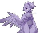  3rdperson_iz anthro avian bird breasts chest_tuft feathers female hair hi_res looking_at_viewer navel purple_body purple_eyes purple_feathers purple_hair simple_background solo tuft white_background 