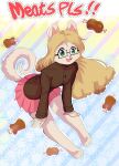  anthro bottomwear canid canine canis clothed clothing digital_media_(artwork) domestic_dog eyewear female food fur glasses hair hi_res hindpaw jumping looking_at_viewer mammal meat nen nendoggo open_mouth paws pomeranian pose simple_background skirt smile solo spitz text 