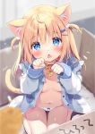  1girl animal_ear_fluff animal_ears bangs bare_shoulders blonde_hair blue_eyes blue_sailor_collar blurry blurry_background blush bow bow_panties box breasts cardboard_box cat_ears cat_girl cat_tail collar commentary_request depth_of_field dress for_adoption hair_between_eyes hair_ornament hairclip hands_up heart in_box in_container long_hair long_sleeves nail_polish navel open_door original pan_(mimi) panties paw_pose pink_nails puffy_long_sleeves puffy_sleeves red_collar sailor_collar sailor_dress sleeves_past_wrists small_breasts solo tail tears two_side_up underwear very_long_hair white_dress white_panties 