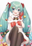  1girl :d absurdres aqua_hair black_thighhighs blue_eyes blush bow box christmas crop_top feet_out_of_frame fur-trimmed_gloves fur-trimmed_shirt fur_trim gift gift_box gloves hair_bobbles hair_bow hair_ornament hand_up hatsune_miku highres holding long_hair midriff noneon319 off-shoulder_shirt off_shoulder plaid plaid_bow red_bow red_gloves red_shirt santa_costume shirt simple_background sitting smile solo star_(symbol) striped striped_bow teeth thighhighs twintails upper_teeth_only very_long_hair vocaloid white_background 