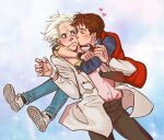  2boys age_difference back_to_the_future bad_link blush brown_hair chesireusagi closed_eyes emmett_brown heart kiss kissing_cheek male_focus marty_mcfly multiple_boys pink_shirt shirt white_footwear white_hair yaoi 