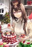  1girl animal_ears apron bow brown_hair cake christmas christmas_tree cookie food hair_between_eyes holding holding_food indoors looking_at_viewer original purple_eyes rabbit red_bow shirt smile solo star_(symbol) sweater syuri22 white_shirt yellow_sweater 