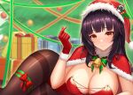  1girl abeen_jhong bangs bell black_hair blunt_bangs bow box breasts brown_pantyhose christmas christmas_ornaments christmas_tree cleavage closed_mouth gift gift_box gloves green_ribbon hat hat_ornament highres jingle_bell large_breasts leotard looking_at_viewer lying on_side orange_eyes original pantyhose red_bow red_gloves red_leotard red_ribbon ribbon santa_gloves santa_hat smile solo thigh_strap thighband_pantyhose thighs 