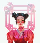  1girl black_hair brown_eyes chinese_clothes copyright_request double_bun eyewear_on_head hair_bun jinwu_(artist) one_eye_closed pink_robe robe simple_background sunglasses 