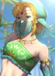  1boy blonde_hair blue_eyes blue_sky crop_top earrings highres jewelry jimaku link looking_at_viewer sky solo the_legend_of_zelda the_legend_of_zelda:_breath_of_the_wild tiara tree 