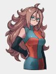  1girl android_21 checkered_clothes checkered_dress dragon_ball dragon_ball_fighterz dress glasses grey_background kemachiku long_hair looking_at_viewer simple_background solo 