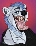  2018 anthro bear black_clothing black_nose black_topwear blue_eyes blue_hair bust_portrait cheek_tuft clothed clothing dated facial_tuft fangs fur glistening glistening_eyes grey_body grey_fur hair hi_res looking_at_viewer male mammal mouth_shot narrowed_eyes open_mouth pink_tongue portrait riorix short_hair signature simple_background solo teeth tongue topwear tuft white_body white_fur 