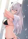  1girl absurdres animal_ears bangs bikini bikini_under_clothes blush breasts clothes_lift cocoablue23 crossed_arms ear_piercing from_side grey_eyes grey_hair hair_between_eyes highres hololive large_breasts lifted_by_self long_hair looking_at_viewer looking_to_the_side piercing shirt shirt_lift shishiro_botan swimsuit virtual_youtuber white_shirt 