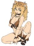  1girl :d animal_ears bikini black_choker blonde_hair breasts brown_bikini choker green_eyes hair_between_eyes highres houtengeki jewelry loincloth long_hair looking_at_viewer medium_breasts necklace original sandals simple_background sitting smile solo swimsuit tooth_necklace twintails white_background wristband 
