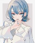  1girl asagimu_(tsuktsuk) blue_eyes blue_hair blue_nails coat earrings grey_background hair_ornament hairclip hand_up highres hoop_earrings jewelry kiritani_haruka long_sleeves looking_at_viewer parted_lips project_sekai short_hair simple_background solo upper_body white_coat 