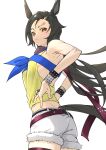  1girl absurdres air_shakur_(umamusume) animal_ears bare_shoulders belt black_hair commentary_request cowboy_shot eyebrow_piercing fur-trimmed_shorts fur_trim hands_on_hips highres horse_ears long_hair looking_at_viewer orange_eyes piercing short_sleeves shorts simple_background solo tanabe_(fueisei) umamusume white_background white_shorts wristband 