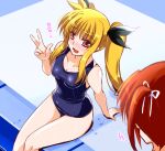  2girls :d bangs bare_arms bare_legs black_bow blonde_hair blue_one-piece_swimsuit blush bow breasts brown_hair cleavage collarbone engo_(aquawatery) fate_testarossa hair_between_eyes hair_bow hair_ribbon long_hair lyrical_nanoha mahou_shoujo_lyrical_nanoha mahou_shoujo_lyrical_nanoha_a&#039;s medium_breasts multiple_girls open_mouth poolside red_eyes ribbon school_swimsuit shiny shiny_hair shiny_skin sitting smile swimsuit takamachi_nanoha twintails very_long_hair w white_ribbon 