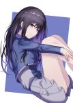  1girl bangs bare_legs black_hair blue_collar blue_jacket collar crossed_legs dande_cat fingernails grey_skirt hair_between_eyes head_tilt highres hugging_own_legs inoue_takina jacket legs_together light_blush long_hair long_sleeves looking_at_viewer looking_to_the_side lycoris_recoil lying miniskirt multicolored_background nose on_back pleated_skirt purple_eyes sidelocks skirt smile solo 