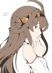  1girl ahoge brown_hair commission dated detached_sleeves double_bun finger_to_mouth hair_bun hairband headgear highres japanese_clothes kantai_collection kongou_(kancolle) long_hair looking_at_viewer profile purple_eyes simple_background solo taira_yuuki upper_body white_background 