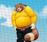  2022 anthro balls belly big_balls big_belly bottomwear canid canine clothed clothing detailed_background genitals humanoid_hands kalibus male mammal micropenis osos outside overweight overweight_male partially_clothed penis raccoon_dog shirt shorts shorts_down small_penis solo sport tanuki topwear worried 