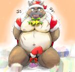  2022 anthro balls belly big_belly blush canid canine canis christmas christmas_clothing christmas_headwear clothing dildo dildo_sitting domestic_dog genitals hachirouta hat headgear headwear hi_res holidays kemono lifewonders male mammal moobs navel nipples overweight overweight_male penetration santa_hat scar sex_toy solo tokyo_afterschool_summoners yasuyori 