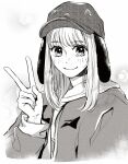  1girl bangs baseball_cap casual commentary cropped_torso floral_print greyscale hat jacket long_hair long_sleeves looking_at_viewer monochrome multicolored_clothes multicolored_jacket original print_headwear rose_print saitou_shiori_(pixiv14549321) simple_background smile solo straight_hair two-tone_jacket upper_body v 
