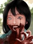  1girl black_hair blood blurry blurry_background commentary grey_eyes guro highres hylran0427 original portrait solo teeth tongue tongue_out upper_body zombie 