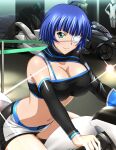 1girl ahoge alternate_costume bangs black_bra black_shorts black_sleeves blue_hair blunt_bangs bra breasts cleavage closed_mouth detached_sleeves eyepatch green_eyes ikkitousen large_breasts long_sleeves looking_at_viewer midriff mole mole_under_mouth navel riding ryomou_shimei shiny shiny_hair short_hair short_shorts shorts smile solo stomach underwear 