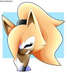 2020 absurd_res anthro black_nose blonde_hair brown_body canid canine canis clothed clothing digital_drawing_(artwork) digital_media_(artwork) eyelashes eyes_closed fangs female hair hair_over_eye half-length_portrait hi_res idw_publishing jasienorko mammal one_eye_obstructed ponytail portrait sega smile smiling_at_viewer solo sonic_adventure sonic_the_hedgehog_(comics) sonic_the_hedgehog_(idw) sonic_the_hedgehog_(series) teeth whisper_the_wolf wolf 