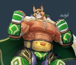  2022 abs anthro black_nose bontiage bulge cape cheek_tuft clothing countershade_ears countershade_snout countershading crave_saga ear_tuft facial_tuft felid feline fist fur green_cape green_clothing grey_background head_tuft jewelry looking_at_viewer lynx male mammal muscular muscular_anthro muscular_male necklace nipples obliques pecs pink_nipples portrait raised_arm raised_fist sergio_(crave_saga) simple_background snout solo standing tan_body tan_fur three-quarter_portrait tuft wrestling wrestling_belt yellow_eyes 
