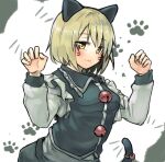  1girl animal_ears bangs bell black_vest blonde_hair cat_ears cat_tail clenched_hands closed_mouth ginnkei highres jingle_bell long_sleeves looking_at_viewer lunasa_prismriver paw_print paw_print_background shirt short_hair smile solo tail touhou vest white_shirt yellow_eyes 