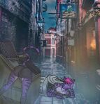  alice_in_wonderland alley anthro cheshire_cat clothed clothing domestic_cat felid feline felis female fur gynomorph hair intersex intersex/female mammal serissa serissa_the_cheshire_cat solo 