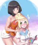  2girls between_breasts black_eyes black_hair blonde_hair braid breasts floral_print french_braid green_eyes head_between_breasts high_ponytail highres hood hug hug_from_behind large_breasts lillie_(pokemon) long_hair mizuumi_(bb) multiple_girls pleated_skirt pokemon pokemon_(game) pokemon_sm pokemon_usum selene_(pokemon) shirt short_sleeves skirt unown unown_a unown_e unown_i unown_m unown_n unown_o unown_r unown_u unown_y unownglyphics white_shirt white_skirt yuri 