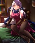  1girl bangs bare_shoulders bed bed_sheet bedroom belt black_gloves black_pantyhose blue_ribbon blue_scarf blush bracelet breasts dress elbow_gloves fingerless_gloves fire_emblem fire_emblem:_radiant_dawn gloves hair_ribbon half_updo highres indoors jewelry long_hair looking_at_viewer micaiah_(fire_emblem) on_bed open_mouth pantyhose parted_lips pillow red_dress revision ribbon scarf side_slit sitting sleeveless sleeveless_dress solo sunlight waiting_for_kiss white_hair yellow_eyes yozu_(yozu0420) 