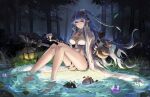  1girl absurdres arknights barefoot black_shorts blue_hair braid breasts coat earrings flower forest gourd highres horns jewelry lantern large_breasts ling_(arknights) long_hair lotus nature night pointy_ears pond purple_eyes shorts sitting staff white_coat xary 