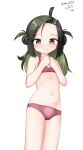  1girl absurdres ahoge black_hair bra cowboy_shot dated double_bun flat_chest forehead green_hair grey_eyes hair_bun highres kantai_collection long_hair makinami_(kancolle) maru_(marg0613) multicolored_hair one-hour_drawing_challenge panties red_bra red_panties simple_background solo standing twitter_username underwear underwear_only white_background 