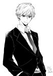  1boy arm_at_side artist_name bangs closed_mouth collared_shirt commentary dated dress_shirt formal greyscale hand_on_hip highres long_sleeves looking_at_viewer loose_necktie monochrome necktie open_collar original romaji_text saitou_shiori_(pixiv14549321) shirt short_hair simple_background smile solo suit suit_jacket upper_body 