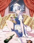  1girl :o alcohol apron blue_dress blue_eyes blush bottle bow braid cup dress drinking_glass drunk frilled_apron frills gloves green_bow grey_hair hair_bow highres holding holding_cup inuno_rakugaki izayoi_sakuya knee_up liquor looking_at_viewer maid maid_headdress medium_hair on_bed open_mouth short_sleeves sitting socks solo touhou twin_braids white_apron white_gloves white_socks wine wine_bottle wine_glass 