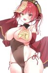  1girl :d bangs bare_shoulders blush breasts cameltoe cleavage covered_navel covered_nipples detached_sleeves fang hat highres hololive houshou_marine looking_at_viewer nikuya_(nikuniku_nikuya) open_mouth pasties qing_guanmao red_eyes red_hair simple_background smile solo sweat talisman twintails virtual_youtuber white_background yellow_eyes 