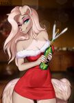  absurd_res alcohol anthro beverage blonde_hair breasts canid canine canis champagne clothed clothing digital_media_(artwork) domestic_dog dress female fluffy fluffy_tail fur hair hi_res holidays mammal merry_christmas new_year secret_santa simple_background slim smile solo thick_thighs zhadart 